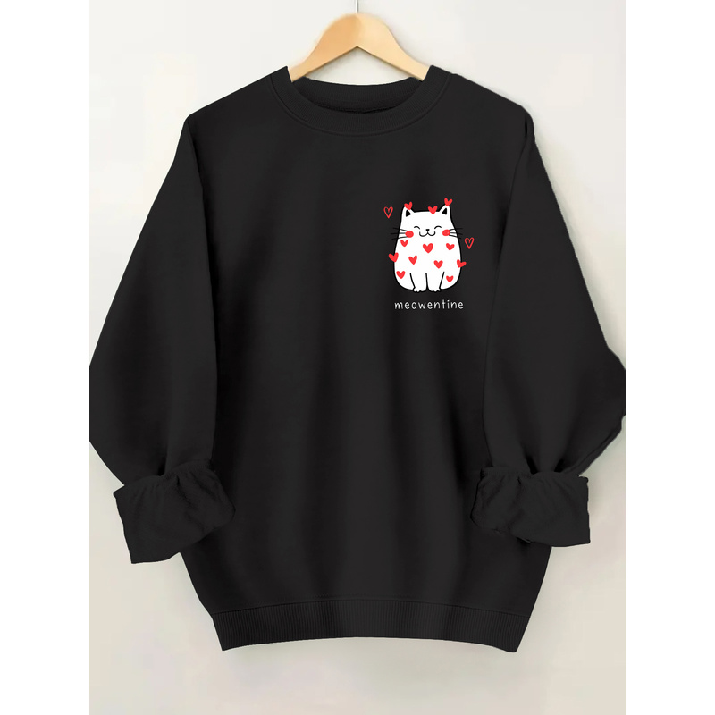 Winter Clothing Ladies - Cute Cat Print Pullover Sweatshirt, Casual