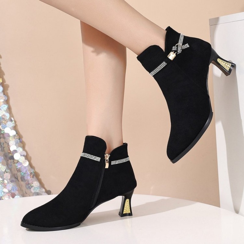 Winter Clothing Ladies - Women Ankle Boots Pointed Toe Rhinestone